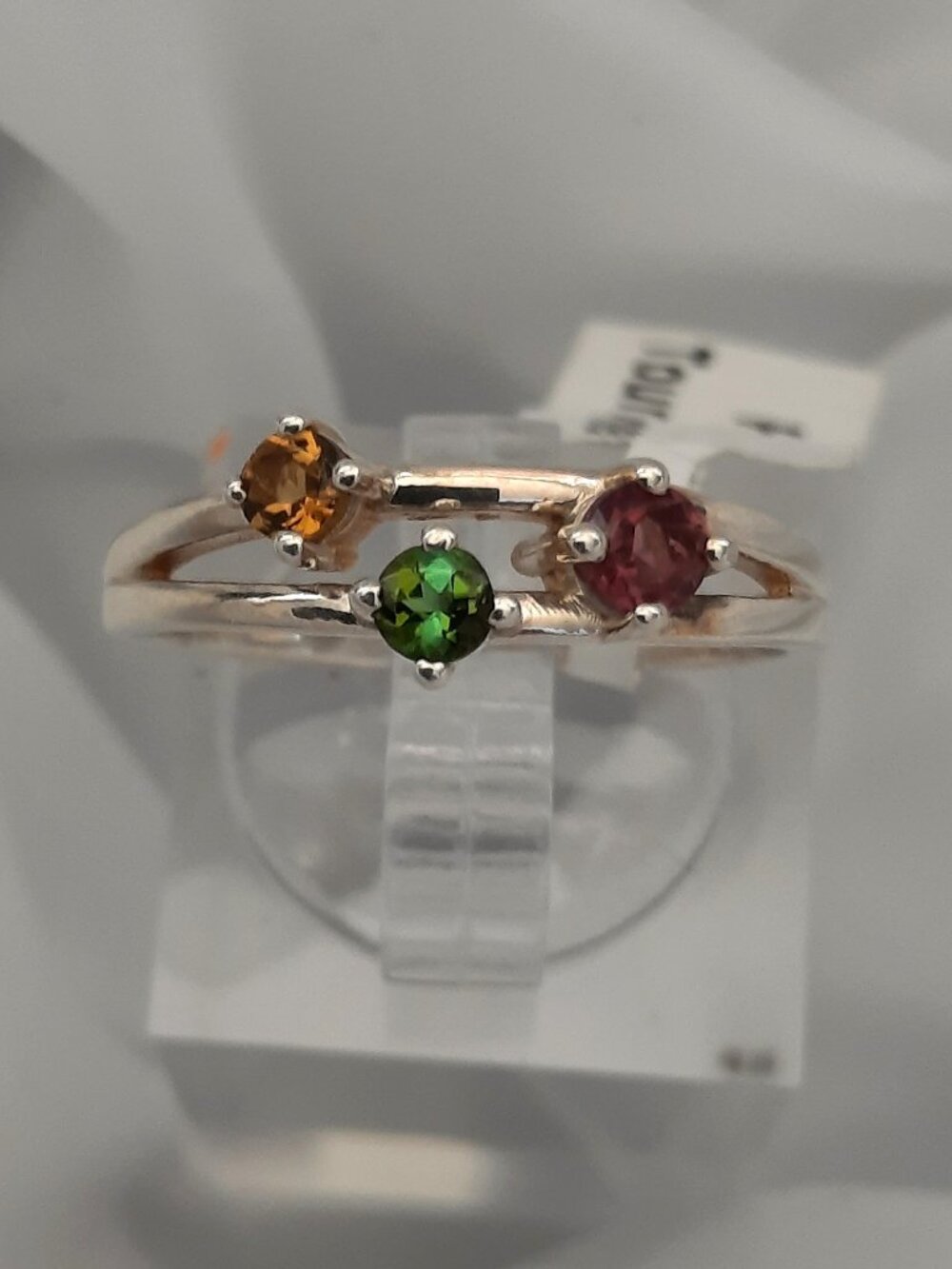 Tricolor tourmaline ring, .925 silver band, size 7